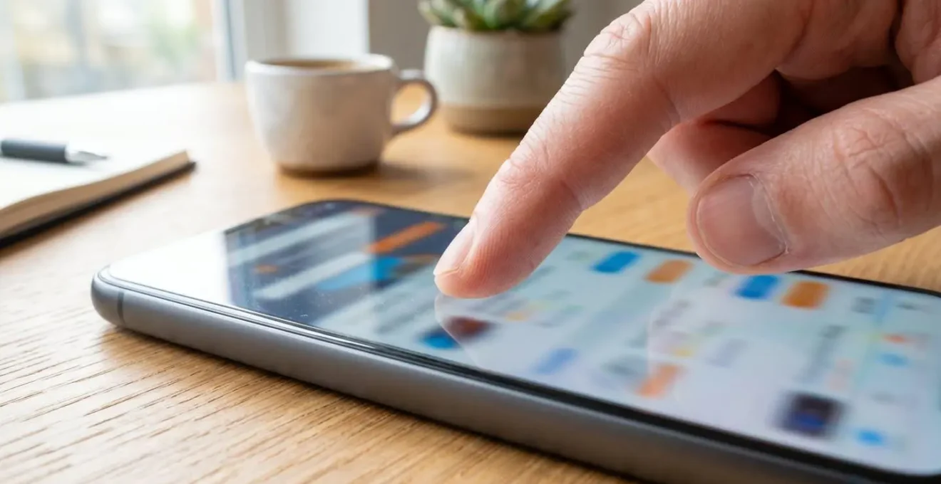 Primo piano di una mano che scorre sullo schermo di uno smartphone con interfaccia di comparazione prezzi completamente sfocata