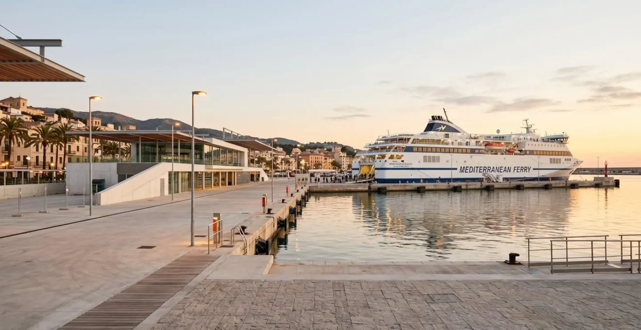 Veduta ampia di un porto mediterraneo moderno all'ora dorata con traghetto attraccato sullo sfondo e banchina vuota in primo piano